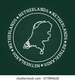 White chalk texture rubber seal with Kingdom of the Netherlands map on a green blackboard. Grunge rubber seal with country outlines, vector illustration.