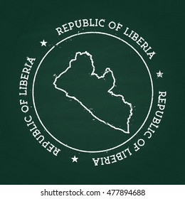 White chalk texture rubber seal with Republic of Liberia map on a green blackboard. Grunge rubber seal with country outlines, vector illustration.