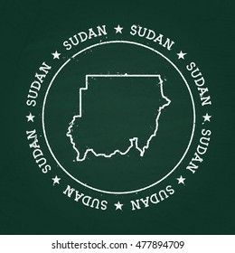 White chalk texture rubber seal with Republic of the Sudan map on a green blackboard. Grunge rubber seal with country outlines, vector illustration.