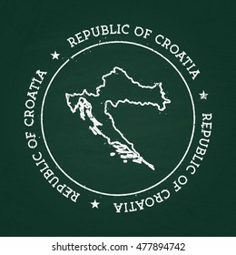 White chalk texture rubber seal with Republic of Croatia map on a green blackboard. Grunge rubber seal with country outlines, vector illustration.