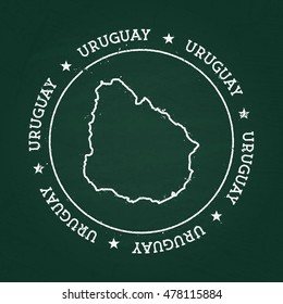 White chalk texture rubber seal with Oriental Republic of Uruguay map on a green blackboard. Grunge rubber seal with country outlines, vector illustration.