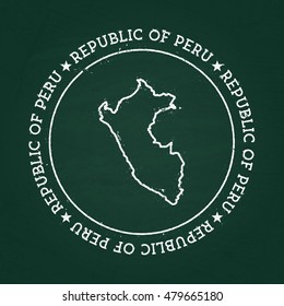 White chalk texture rubber seal with Republic of Peru map on a green blackboard. Grunge rubber seal with country outlines, vector illustration.