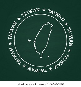 White chalk texture rubber seal with Taiwan map on a green blackboard. Grunge rubber seal with country outlines, vector illustration.