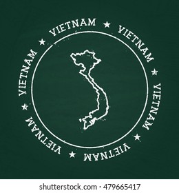 White chalk texture rubber seal with Socialist Republic of Vietnam map on a green blackboard. Grunge rubber seal with country outlines, vector illustration.