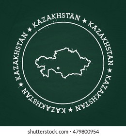White chalk texture rubber seal with Republic of Kazakhstan map on a green blackboard. Grunge rubber seal with country outlines, vector illustration.