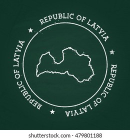 White chalk texture rubber seal with Republic of Latvia map on a green blackboard. Grunge rubber seal with country outlines, vector illustration.