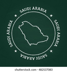 White chalk texture rubber seal with Kingdom of Saudi Arabia map on a green blackboard. Grunge rubber seal with country outlines, vector illustration.