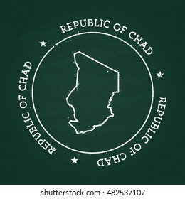 White chalk texture rubber seal with Republic of Chad map on a green blackboard. Grunge rubber seal with country outlines, vector illustration.