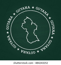 White chalk texture rubber seal with Co-operative Republic of Guyana map on a green blackboard. Grunge rubber seal with country outlines, vector illustration.