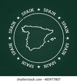 White chalk texture rubber seal with Kingdom of Spain map on a green blackboard. Grunge rubber seal with country outlines, vector illustration.