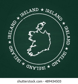 White chalk texture rubber seal with Ireland map on a green blackboard. Grunge rubber seal with country outlines, vector illustration.