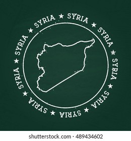White chalk texture rubber seal with Syrian Arab Republic map on a green blackboard. Grunge rubber seal with country outlines, vector illustration.