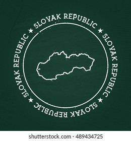 White chalk texture rubber seal with Slovak Republic map on a green blackboard. Grunge rubber seal with country outlines, vector illustration.