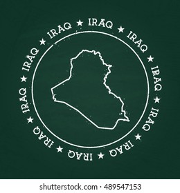 White chalk texture rubber seal with Republic of Iraq map on a green blackboard. Grunge rubber seal with country outlines, vector illustration.
