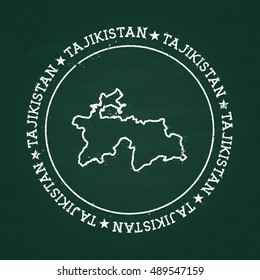 White chalk texture rubber seal with Republic of Tajikistan map on a green blackboard. Grunge rubber seal with country outlines, vector illustration.