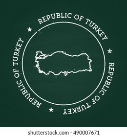 White chalk texture rubber seal with Republic of Turkey map on a green blackboard. Grunge rubber seal with country outlines, vector illustration.