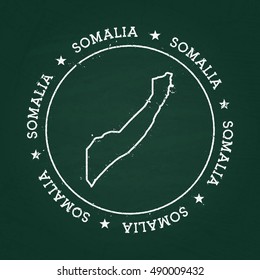 White chalk texture rubber seal with Federal Republic of Somalia map on a green blackboard. Grunge rubber seal with country outlines, vector illustration.