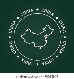 White chalk texture rubber seal with People's Republic of China map on a green blackboard. Grunge rubber seal with country outlines, vector illustration.