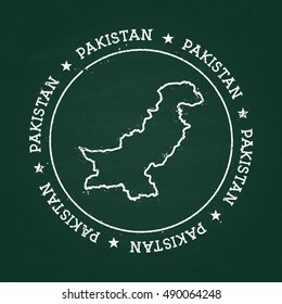 White chalk texture rubber seal with Islamic Republic of Pakistan map on a green blackboard. Grunge rubber seal with country outlines, vector illustration.