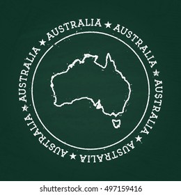 White chalk texture rubber seal with Commonwealth of Australia map on a green blackboard. Grunge rubber seal with country outlines, vector illustration.