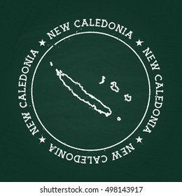 White chalk texture rubber seal with New Caledonia map on a green blackboard. Grunge rubber seal with country outlines, vector illustration.