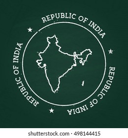 White chalk texture rubber seal with Republic of India map on a green blackboard. Grunge rubber seal with country outlines, vector illustration.