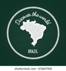 White chalk texture vintage insignia with Federative Republic of Brazil map on a green blackboard. Grunge rubber seal with country outlines, vector illustration.