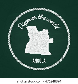 White chalk texture vintage insignia with People's Republic of Angola map on a green blackboard. Grunge rubber seal with country outlines, vector illustration.
