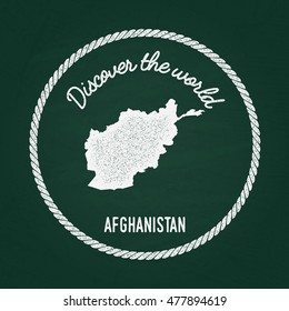 White chalk texture vintage insignia with Islamic State of Afghanistan map on a green blackboard. Grunge rubber seal with country outlines, vector illustration.