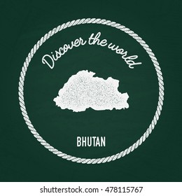 White chalk texture vintage insignia with Kingdom of Bhutan map on a green blackboard. Grunge rubber seal with country outlines, vector illustration.