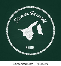 White chalk texture vintage insignia with Nation of Brunei map on a green blackboard. Grunge rubber seal with country outlines, vector illustration.