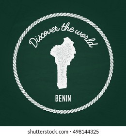 White chalk texture vintage insignia with Republic of Benin map on a green blackboard. Grunge rubber seal with country outlines, vector illustration.