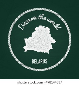 White chalk texture vintage insignia with Republic of Belarus map on a green blackboard. Grunge rubber seal with country outlines, vector illustration.