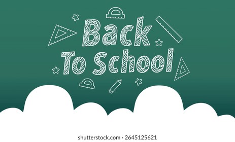 White chalk typography on green board with abstract cloud shapes and doodles