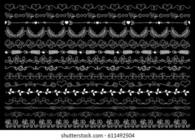 White chalk vector borders with flowers and leaves. Lettering design element. Scribbled handmade separators. Black chalkboard white floral borders. Web design or blog digital graphic. Romantic frames