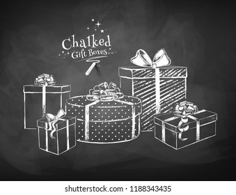 White chalk vector sketches of gift boxes on black chalkboard background. 