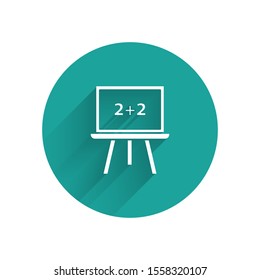 White Chalkboard icon isolated with long shadow. School Blackboard sign. Green circle button. Vector Illustration