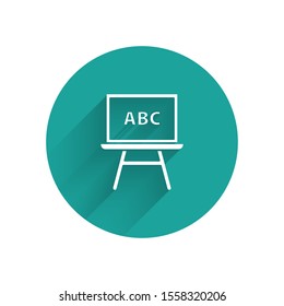 White Chalkboard icon isolated with long shadow. School Blackboard sign. Green circle button. Vector Illustration