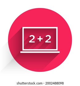 White Chalkboard icon isolated with long shadow. School Blackboard sign. Red circle button. Vector
