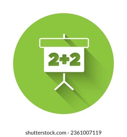 White Chalkboard icon isolated with long shadow. School Blackboard sign. Green circle button. Vector
