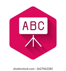 White Chalkboard icon isolated with long shadow background. School Blackboard sign. Pink hexagon button. Vector