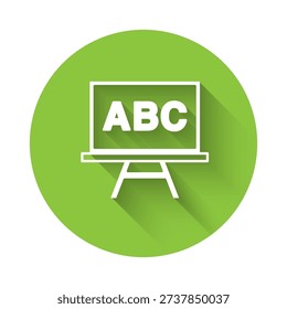White Chalkboard icon isolated with long shadow. School Blackboard sign. Green circle button. Vector