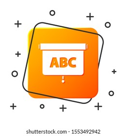 White Chalkboard icon isolated on white background. School Blackboard sign. Orange square button. Vector Illustration