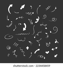 White chalked arrows and lines on the blackboard set. Hand drawing. Vector collection of school elements on chalkboard background
