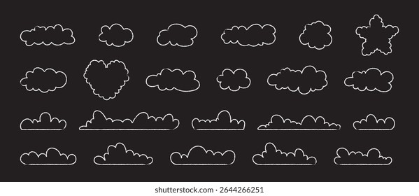 White chalk-style cloud outlines in various shapes, heart, star on a dark background. Pastel hand drawn pencil doodle fluffy weather icon set.