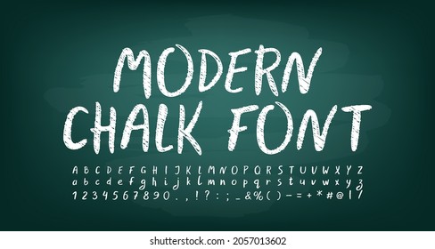 White chalky alphabet letters and numbers on dark green chalkboard. Vector hand drawn font sketch style