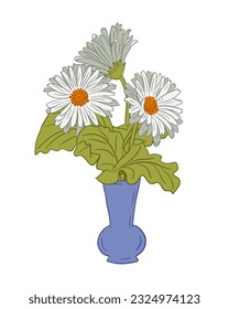 White chamomile bouquet in blue vase. Isolated flat vector composition on white background. Floral summer illustration. Unique botanical composition