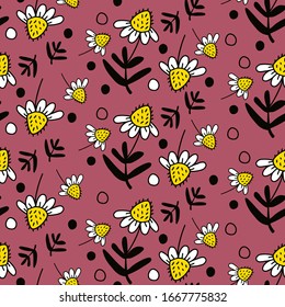 White chamomile daisy with leaves and dots. Floral Vector seamless pattern on red background. Design for gift wrap, wall art, cover, fabric, interior decor. Simple surface pattern design. 