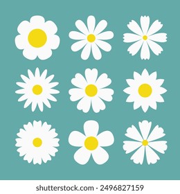 White chamomile daisy set. Camomile icon. Different petals. Cute round flower head plant. Growing concept. Love card. Simple abstract sign symbol shape. Flat design. Isolated. Green background. Vector