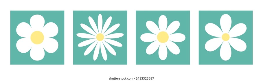 White chamomile daisy set line. Four camomile square icon. Cute cartoon flower head plant collection. Love card symbol. Growing concept. Nature style. Flat design. Green background. Isolated. Vector